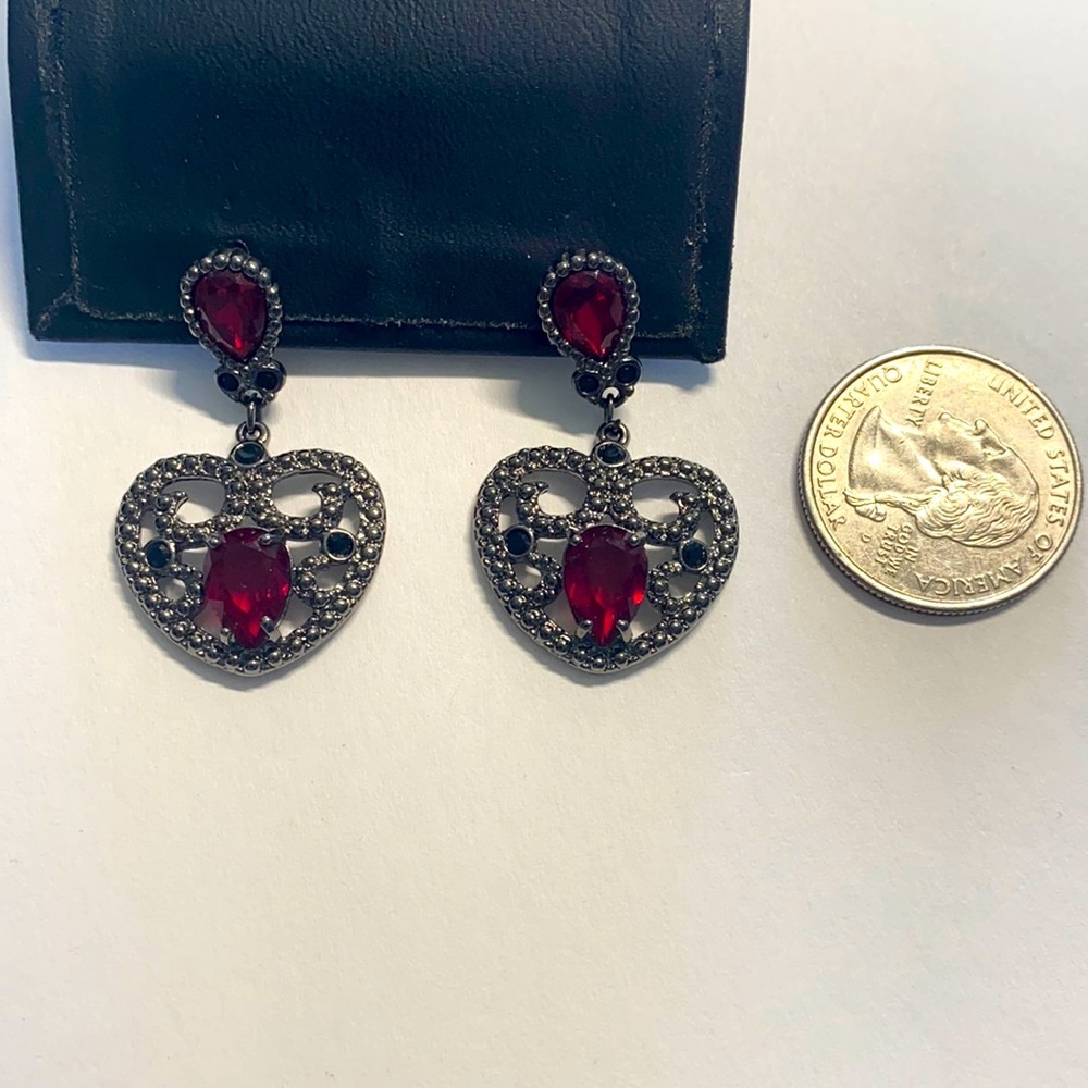 Vintage Retro Silver Tone Heart shaped Drop Earnings  with Red Stones Swarovski - Picture 2 of 4
